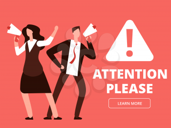 Attention vector banner or web page template with cartoon man and woman with megaphones. Illustration of attention please, man with megaphone and message