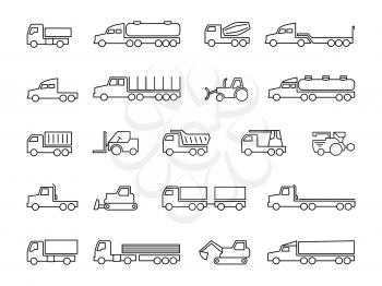 Construction machines. Trucks, tractors, delivery trailers, cargo trukcs, dumpers and heavy equipment line icons. Transportation construction machine, lorry and truck transport. Vector illustration