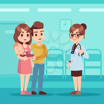 Happy family with baby and pediatrician doctor. Pediatric care vector cartoon concept. Family and pediatrician doctor woman, mother father with baby illustration