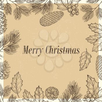 Grunge Christmas poster with sketched branches and cones vector template illustration