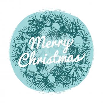Round vintage Christmas banner with hand drawn wreath and text Merry Christmas isolated on white. Vector illustration