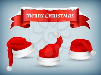 Winter Christmas banner vector template with realistic Santa hats and snowy red ribbon illustration