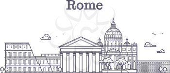 Italy rome architecture, europe skyline vector linear collection. Rome city architecture, pantheon building, illustration of famous rome monument