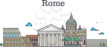 Line art rome architecture, italy buildings vector illustration. Ancient color rome panorama with monument and arena colosseum, rome structure building famous