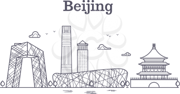 China beijing line panoramic skyline vector illustration. Beijing city panoramic, famous architecture of beijing