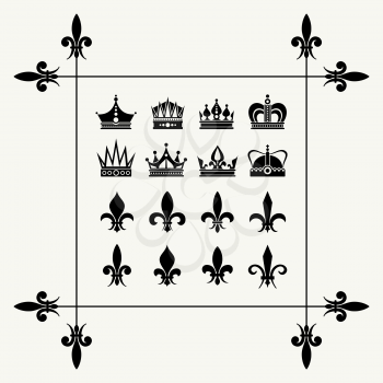 Geraldic crowns and fleur de lys design elements. Art royal symbol vector illustration