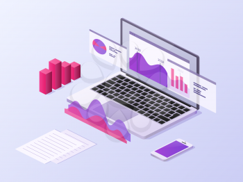 Business app isometric concept. 3d laptop and smartphone with data charts and statistics diagrams. Mobile technology vector background. Laptop infographic, chart 3d and graph information illustration