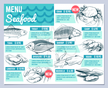 Fish restarant menu. Hand drawn fishes lobster and crab seafood restaurante vintage design vector template. Illustration of fish menu crab and shrimp, oyster and carp