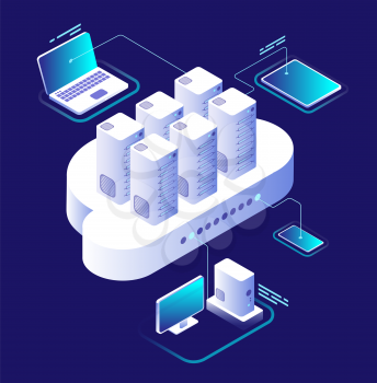 Cloud computing concept. Computing network, cloud smartphone app. Data storage technology 3d vector infographic. Illustration of communication and connection service, computer isometric processing