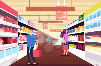 Shopping people in hypermarket. Customers between food product shelves. Retail and discount sales vector concept Hypermarket store, retail supermarket, grocery and market with customer illustration