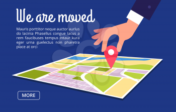 Moving concept. Changing address, new location on navigation map vector background. Illustration of we moved navigation banner