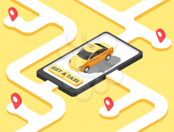 Taxi concept. Isometric yellow car cab riding for client on map. Taxi service app vector background. Taxi city, cab street, yellow automobile illustration