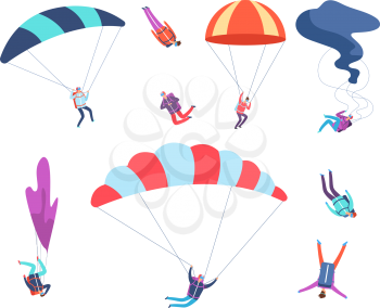 Skydivers set. People jumping with parachutes. Dangerous sports sky jumpers, parachutists cartoon vector characters. Illustration of skydiving with parachute, paratrooper and parachuting