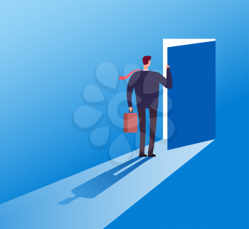 Businessman opening secret door. Opportunity, accessible entering. Risk solution and leadership business vector concept. Illustration of businessman open door secret, leadership challenge opportunity