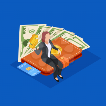 Businesswoman sitting on purse with money and credit card. Saving money isometric vector concept. Illustration of wallet with money and credit card