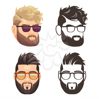Cartoon and silhouette bearded hipster man isolated on white background. Vector illustration