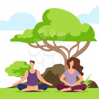 Couple meditation in the park. Girl and boy doing yoga on the nature. Woman and man meditation yoga, healthy pose lotus two illustration