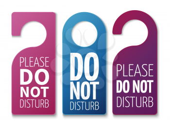 Do not disturb room vector signs. Colorful realistic hotel door hangers isolated on white background illustration