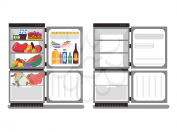 Filled with food and empty refrigerators cartoon vector isolated on white flat style