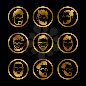 Golden icons with male heads. Hipster style haircute icons for barber shops. Vector illustration