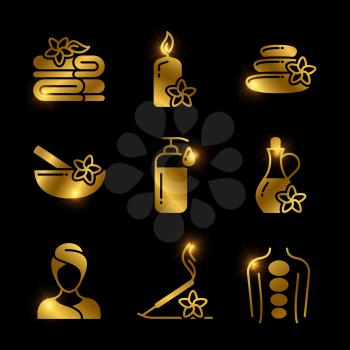 Golden SPA, massage, relaxing vector icons of set isolated on black illustration