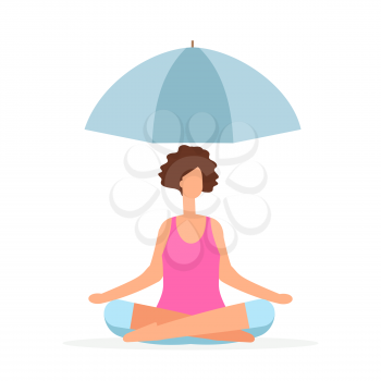 Meditation saves the girl from problems vector concept. The girl meditates under the umbrella isolated on white