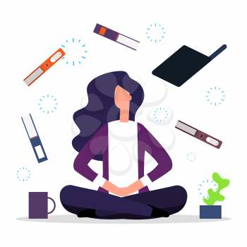 Office meditation. Concentration at workspace vector illustration. Businesswoman meditation on work