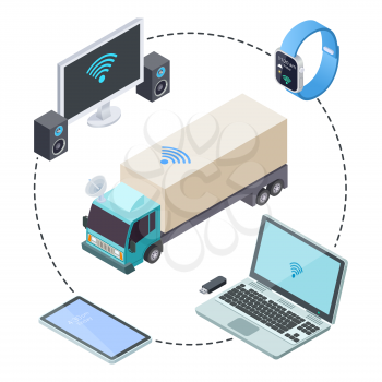 Real time tracking for your cargo trucks isometric vector illustration