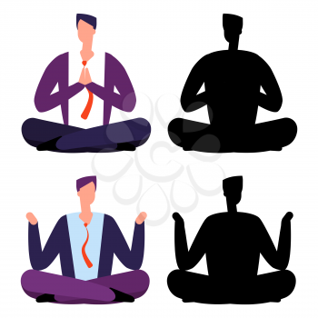 Relax, meditation cartoon businessmen. Two men relaxing and their vector silhouettes illustration
