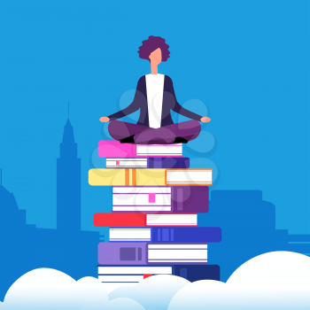 Self education vector concept. Woman sitting in lotus position on the books above the clouds. Illustration of girl character sit on books literature