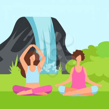 Two meditation women on the nature with green bush and waterfall. Yoga meditation, healthy female in lotus pose illustration