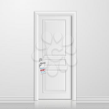 Vector realistic closed white entrance door with do not disturb blank. Interior with door illustration