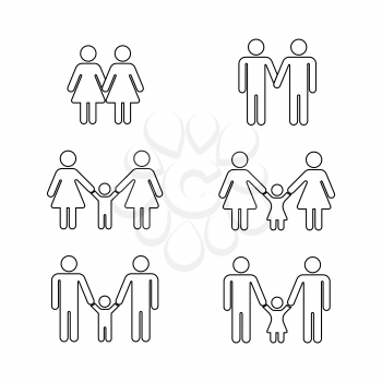 Vector gay family thin line icons white. Love couple with child illustration