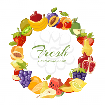 Scattered fruits healthy eating vector frame isolated over white background illustration