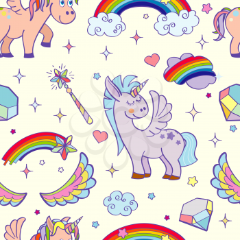 Vector hand drawn unicorns and magic seamless pattern. Illustration of design background with pony