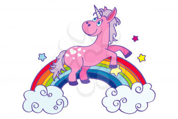 Hand drawn pink unicorn dancing on a rainbow. Happy pony, vector illustration