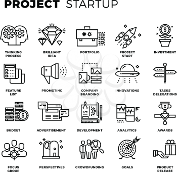Startup, launch business, workflow, new product start up, research thin line vector icons. Project management and set of linear icons project stratup illustration