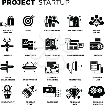 Start up, venture capital, entrepreneur vector icons set. Invest and promote project, collection of project management icons illustration