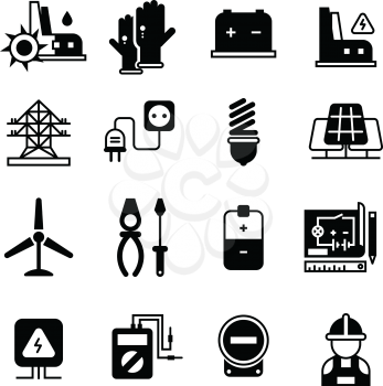Electric power plant, electricity, electronic tools vector icons. Electric industrial signs set, illustration of black electric transformer silhouette