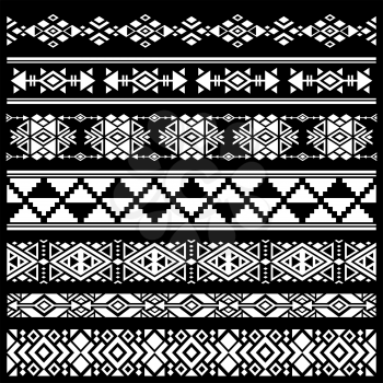 Mexican, american tribal art decor vector brushes, borders. Black white mexican decoration, ancient geometric mexican decoration illustration