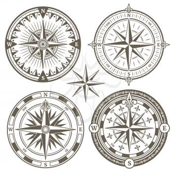 Old sailing marine navigation compass, wind rose vector icons. Set of windrose for navigation in sea, illustration of compass with wind rose