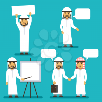Arab man vector characters with blank banner and speech bubbles. Arabic meeting people. Arab business people cooperation and communication illustration