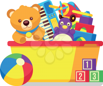 Kids toys in kids box vector clipart. Cartoon kids toys in box castle and teddy bear illustration