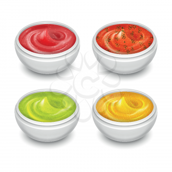 Different gourmet sauces, mustard, ketchup, soy, marinade in white small dishes vector. Set of various sauces, illustration of piquant sauce