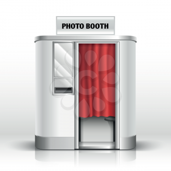 Photo quick service vending machine, photo booth vector illustration. Photo kiosk with red velvet curtain