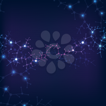 Abstract healthcare background with atom, molecule structure, structural biology elements. Neural structure of atoms and molecules. Vector illustration