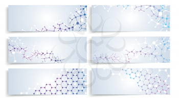 Dna molecule structure, brain cells connection. Vector chemistry medical banners. Set of card and poster with molecule structure pattern illustration