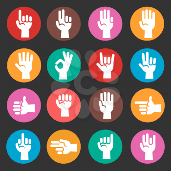 Hands gestures in round colorful form vector illustration icons set