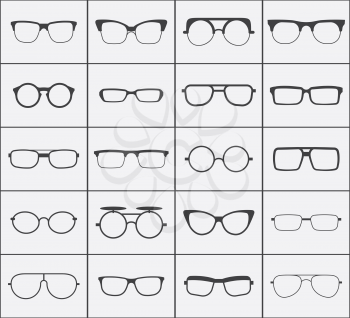 Set of vector glasses icons in black over white. Collection of hipster glasses illustration