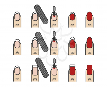 Manicure process vector icons set. Different nail styles. Beautiful process make manicure illustration